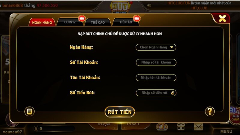 Hướng dẫn rút tiền HIT CLUB qua ngân hàng